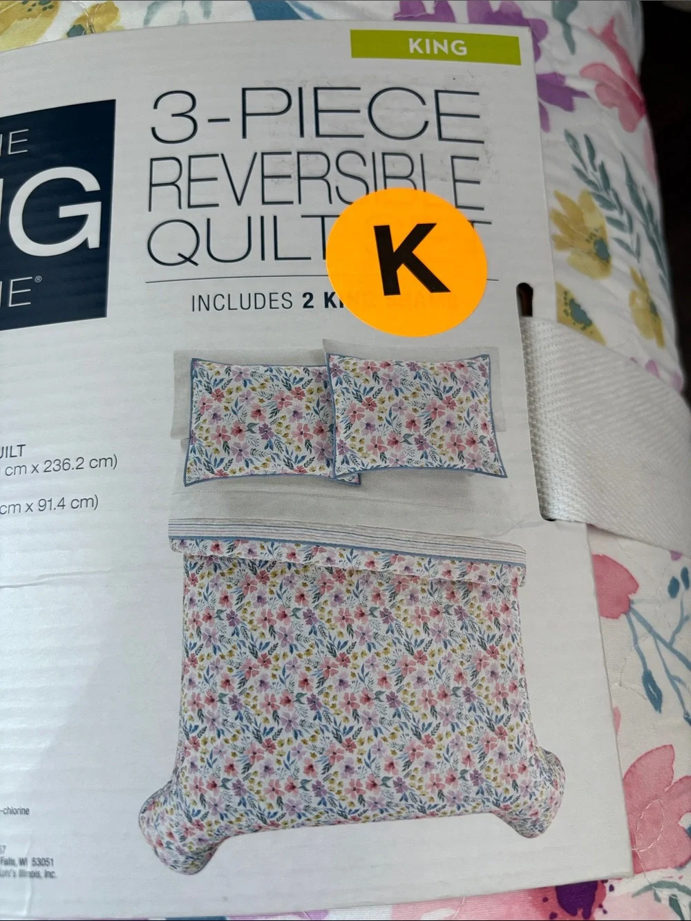 Kohls The Big One 3 pc.reversible quilt set Haley floral pattern,reverse stripes